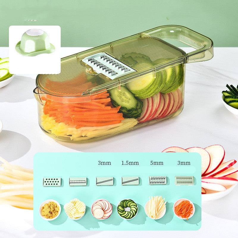 All-in-One Mandoline Slicer with transparent container, multiple stainless steel interchangeable blades, and hand protector for slicing and chopping vegetables