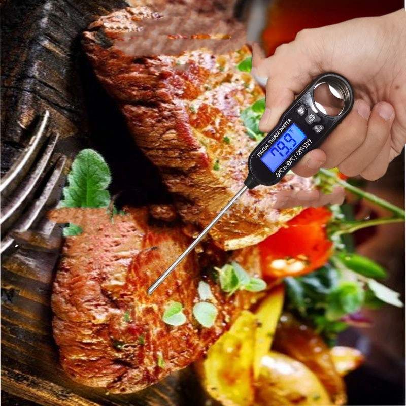 Best cooking thermometer digital instant read with blue backlit display measuring temperature of grilled steak with fresh herbs and roasted vegetables