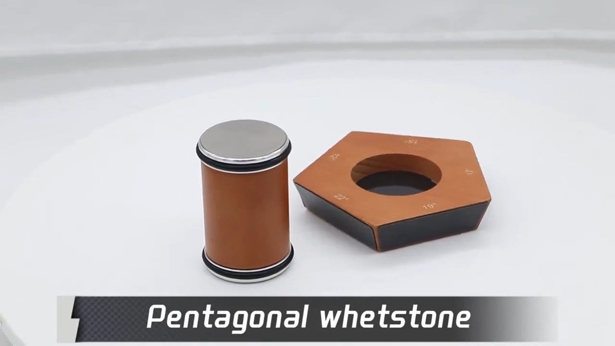 diamond knife sharpener pentagonal brown leather and black sharpening whetstone base with a cylindrical component