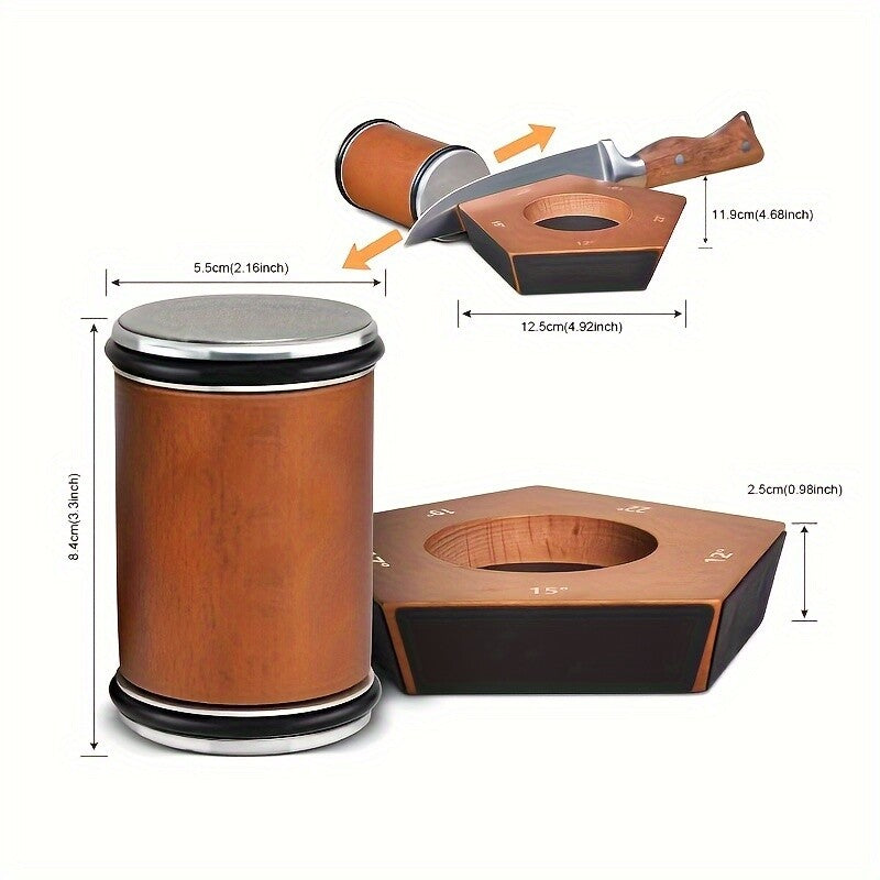 diamond knife sharpener set with wooden base, hexagonal frame, magnetic holder, and cylindrical sharpening stone