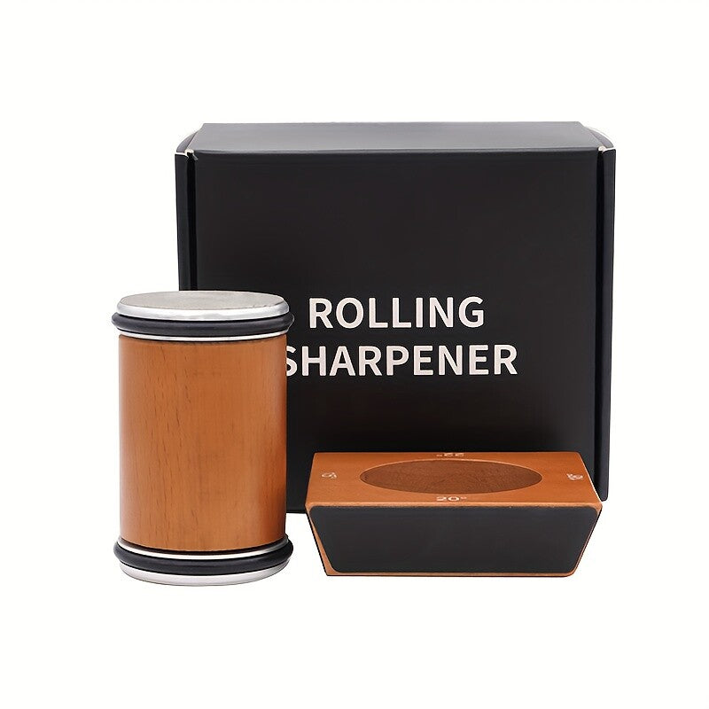 diamond knife sharpener set with wooden cylindrical base, rectangular wooden holder, and black box labeled rolling sharpener