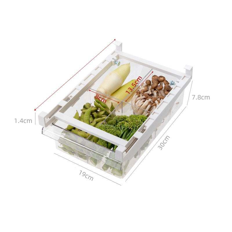 Under-Shelf Pull-Out clear plastic fridge drawer organizer with white frame, stackable design holding vegetables and mushrooms