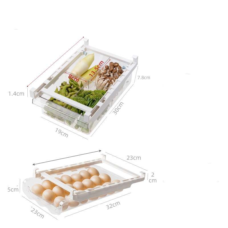 Under-Shelf Pull-Out fridge organizer with clear plastic drawers for eggs and vegetables, featuring metal slides and compartment dividers