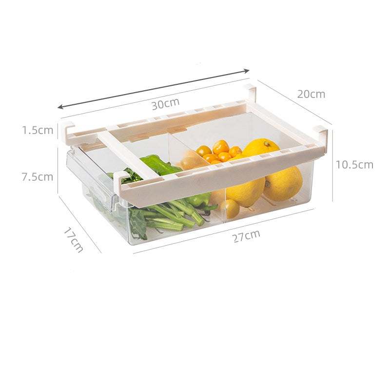 Under-Shelf Pull-Out transparent plastic fridge drawer organizer with white frame, compartments, and included vegetables and fruits