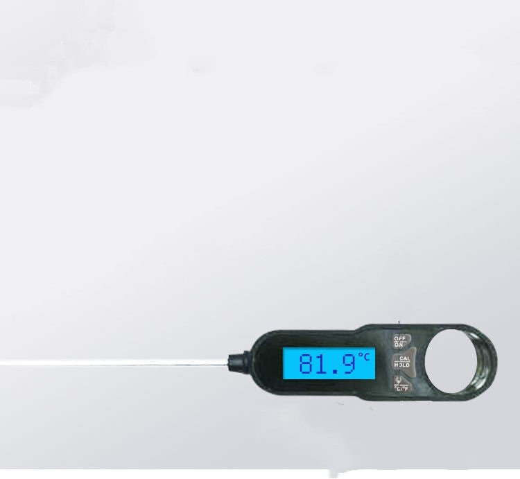 Best cooking thermometer with black plastic body, digital blue display showing 81.9°C, and long stainless steel probe