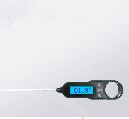 Best cooking thermometer with black plastic body, digital blue display showing 81.9°C, and long stainless steel probe