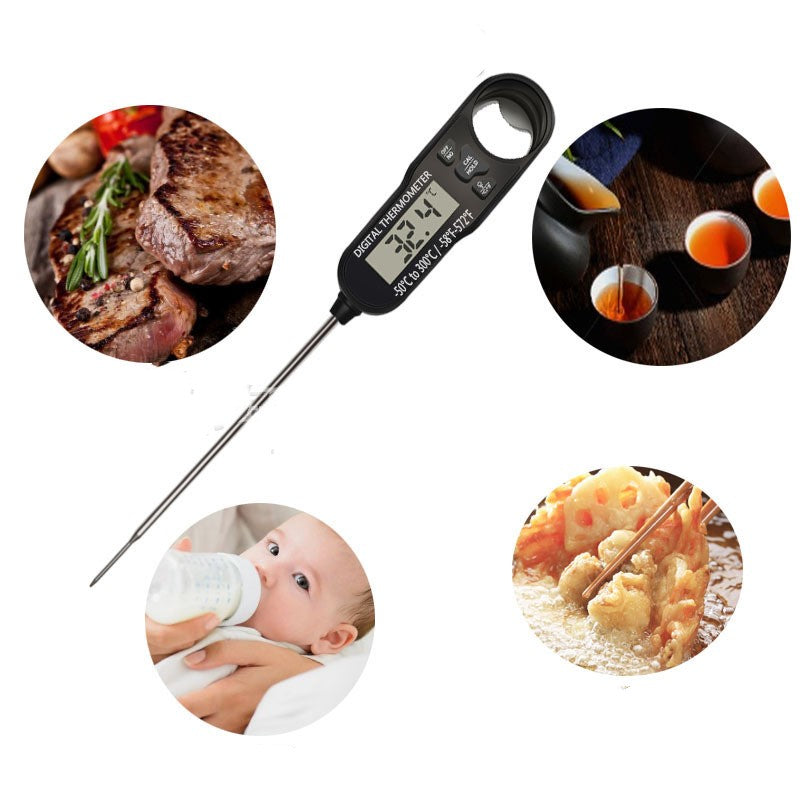 Best cooking thermometer with a black digital display and stainless steel probe measuring temperature of various foods and liquids
