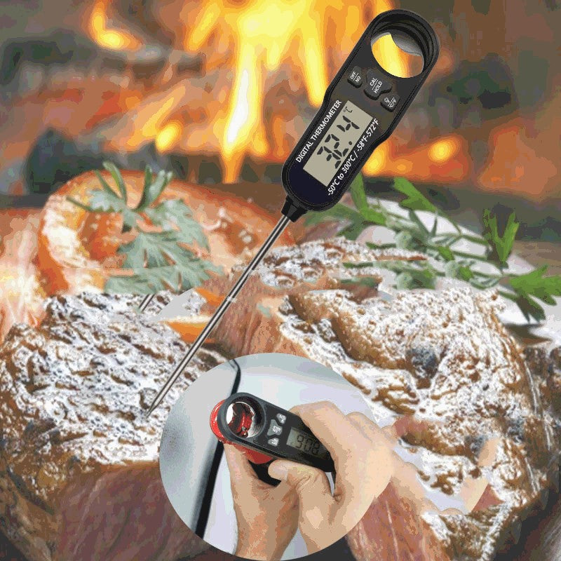 best cooking thermometer digital kitchen thermometer with black plastic body and stainless steel probe measuring steak temperature