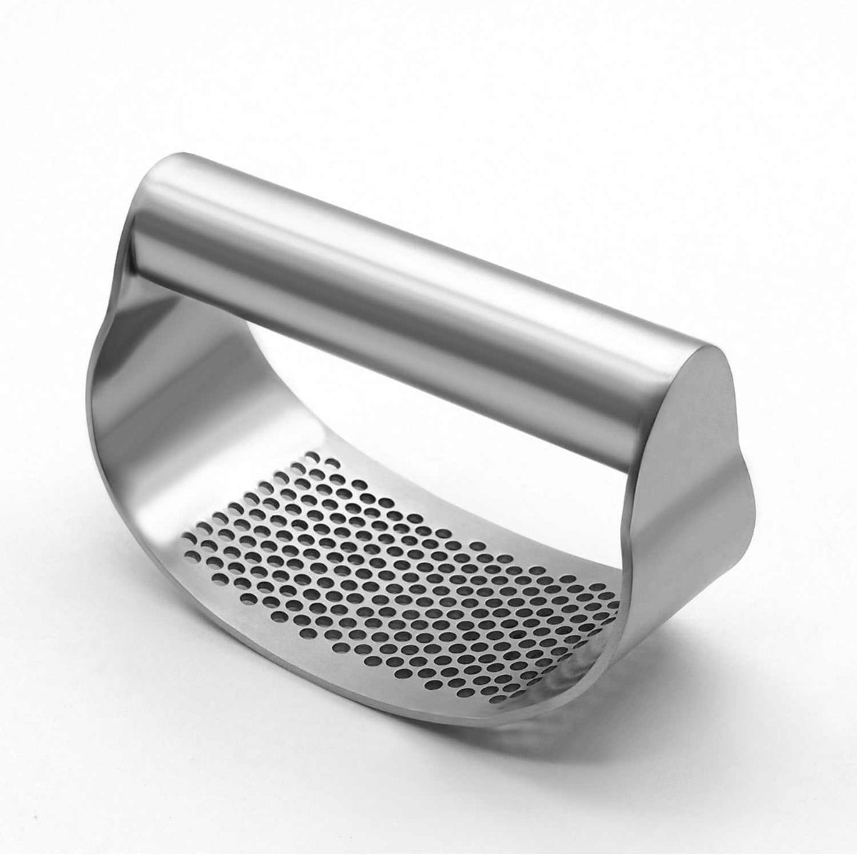 Stainless steel best garlic crusher with a curved base and uniform perforations for easy manual crushing of garlic and ginger