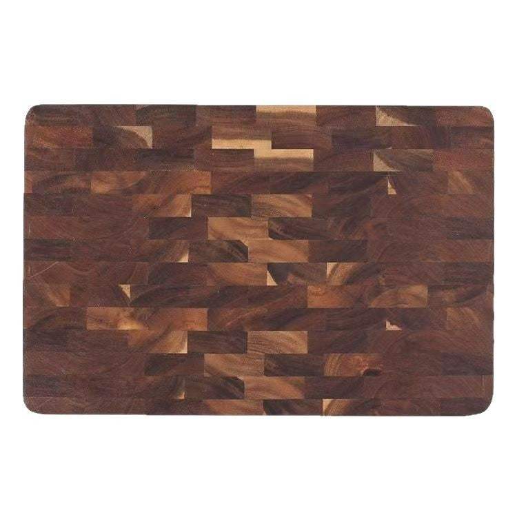 Solid acacia mangium wood cutting wood board with a dark patterned chessboard grid design and smooth finish