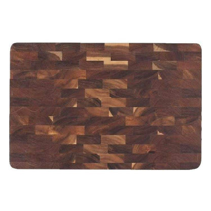 Solid acacia mangium wood cutting wood board with a dark patterned chessboard grid design and smooth finish