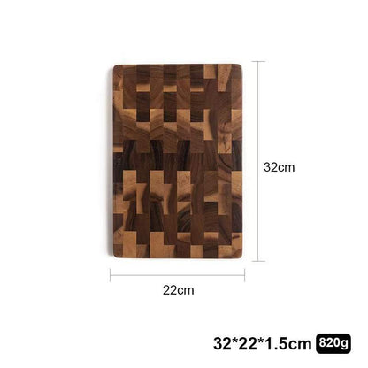 Cutting wood board made of solid acacia mangium wood with a dark and light chessboard grid pattern measuring 32 by 22 cm