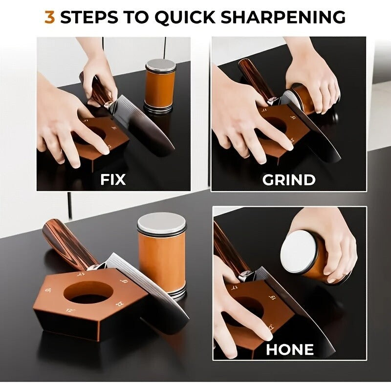 Diamond knife sharpener in brown with adjustable angles, magnetic base, wooden handle, shown in use fixing, grinding, and honing a knife edge.