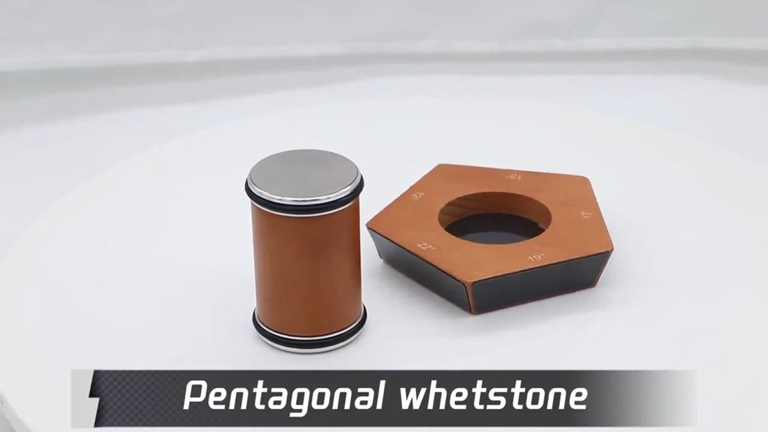 diamond knife sharpener pentagonal brown leather and black sharpening whetstone base with a cylindrical component