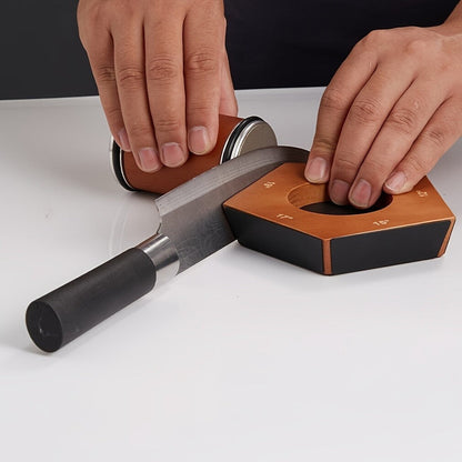 diamond knife sharpener with wooden base and adjustable angle settings sharpening a knife blade manually