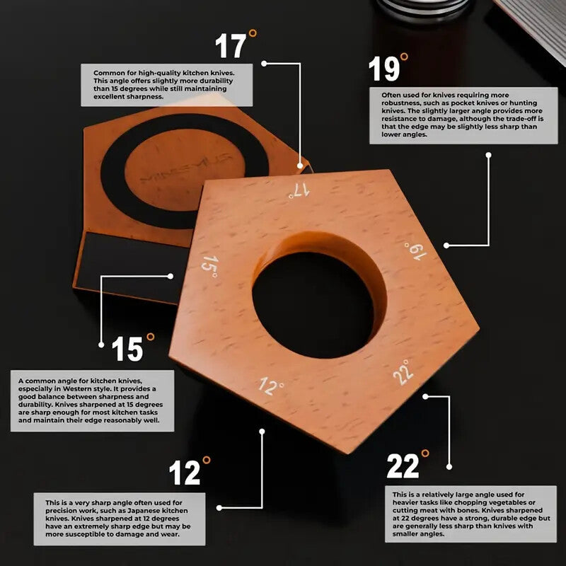 Diamond knife sharpener wooden base with adjustable angle guides marked 12°, 15°, 17°, 19°, and 22° for precise blade sharpening