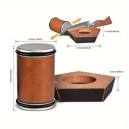 diamond knife sharpener set with wooden base, hexagonal frame, magnetic holder, and cylindrical sharpening stone