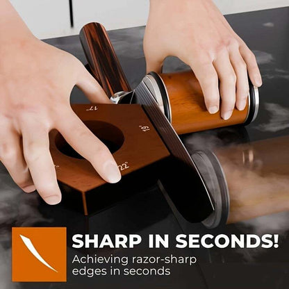 Diamond knife sharpener with wooden base, adjustable angle settings, and a magnetic holder for precise blade sharpening