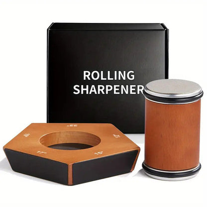 Diamond knife sharpener set with wooden base featuring adjustable angles and a rolling honing tool with metal ends