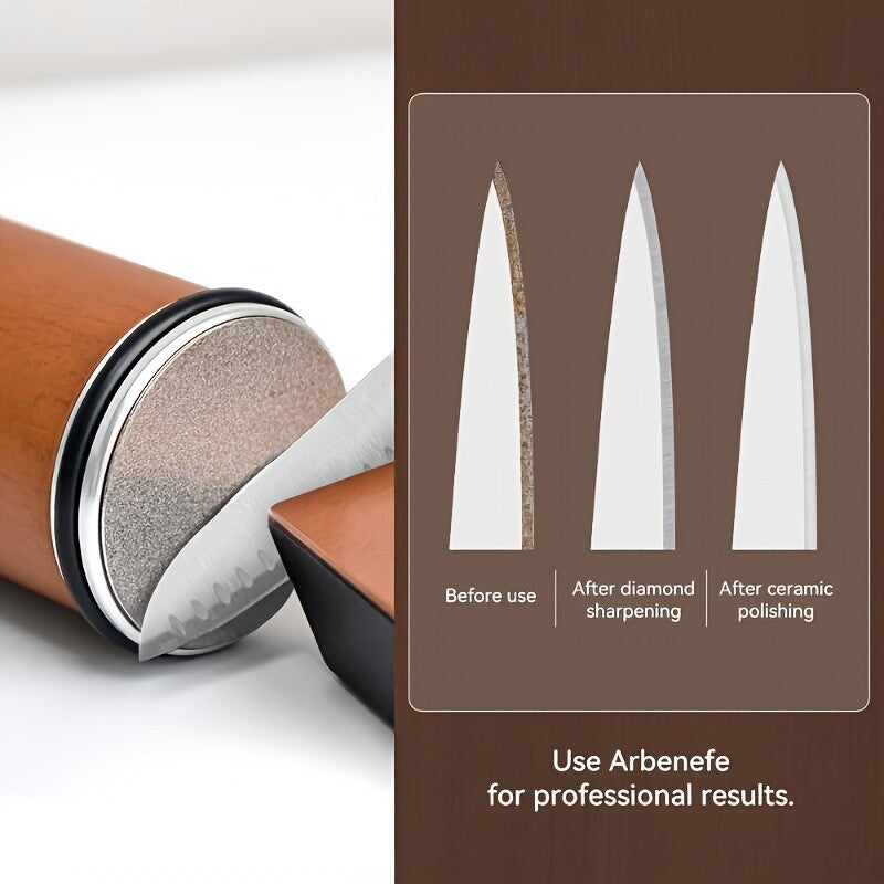 diamond knife sharpener with wooden handle and diamond-coated surface sharpening a serrated knife edge shown with before and after sharpening comparison