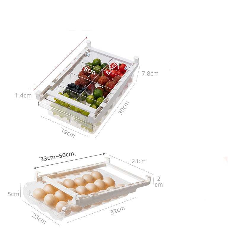 Under-Shelf Pull-Out clear plastic fridge drawer organizer with separate sections for fruits, vegetables, and eggs, featuring smooth metal slides and stackable design