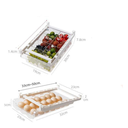 Under-Shelf Pull-Out clear plastic fridge drawer organizer with separate sections for fruits, vegetables, and eggs, featuring smooth metal slides and stackable design