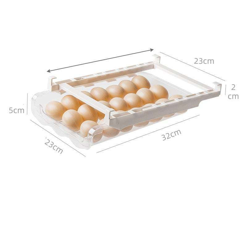 Under-Shelf Pull-Out clear plastic fridge drawer organizer with stackable design holding a dozen eggs, with pull-out feature