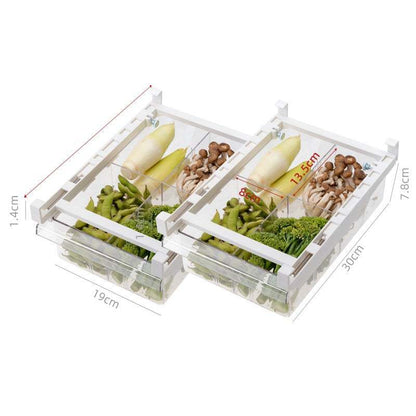 Under-Shelf Pull-Out clear plastic fridge drawer organizer with separate compartments holding vegetables and mushrooms, with pull-out slides