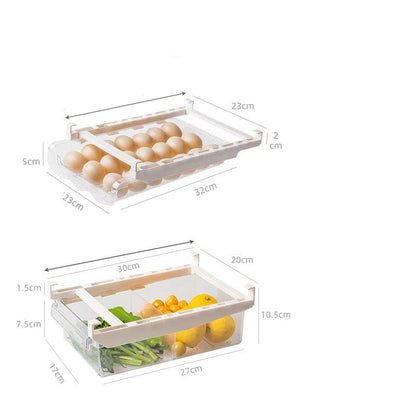 Under-Shelf Pull-Out clear plastic fridge drawer organizer with stackable egg tray and separate compartment for vegetables and fruits