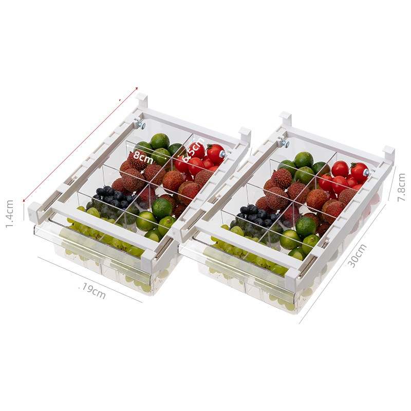 Under-Shelf Pull-Out clear plastic fridge drawer organizers with white frame, divided compartments storing assorted fruits