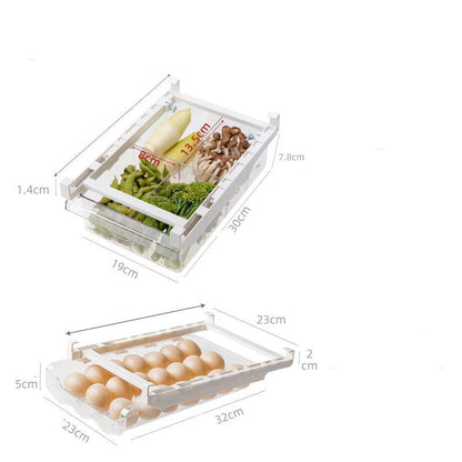 Under-Shelf Pull-Out fridge organizer with clear plastic drawers for eggs and vegetables, featuring metal slides and compartment dividers