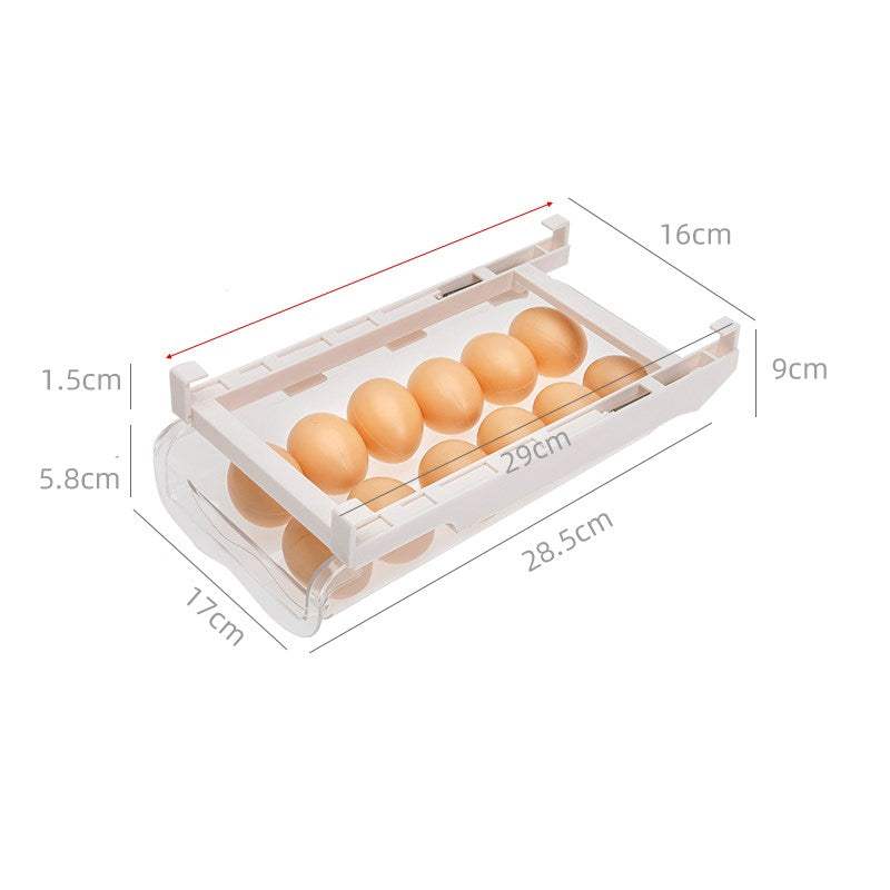 Under-Shelf Pull-Out transparent plastic fridge drawer organizer with white frame holding brown eggs, dimensions shown