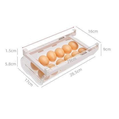Under-Shelf Pull-Out transparent plastic fridge drawer organizer with white frame holding brown eggs, dimensions shown